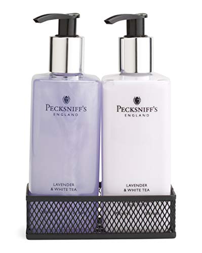 Pecksniff'sHandwash Soap and Lotion Set, Stress Reducing, Aromotherapy Cleanser That Leaves Hands Soft and Lightly Scented (Lavender and White Tea(Black Caddy))