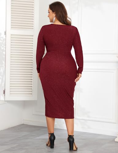 Image of ZOMVA Plus Size 0X-4X Sparkly Glitter Ruched Bodycon Midi Dress Sparkle Sequin Wrap Ruffle Sleeve Dress Cocktail Party Formal