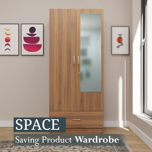 Image of VIKI Wardrobe |Wooden Almirah for 2 Door Wardrobe with 1 Drawer & Hanging Space with Mirror (Brussel Walnut - 40D x 80W x 180.8H) | 1 Year Warranty | Free Assembly
