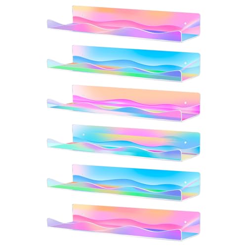 6 Pack Iridescent Acrylic Floating Shelves, 15.7" Clear Acrylic Display