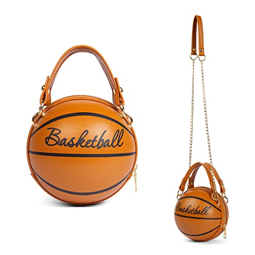 Obovoid Womens basketball bag Basketball-Shaped Crossbody Bag Handbag Girl Mini One-Shoulder PU Leather Round Handbag (brown)