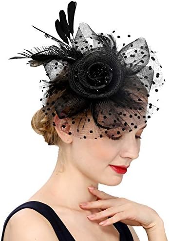 Fascinators Hat for Women Tea Party Headband Kentucky Derby Wedding Flower Cocktail Mesh Feathers Hair Clip (1-a-Black)