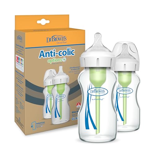 Dr. Brown’s Pack de 2 Biberones Anticólicos de Cristal Options+ 270 ml Boca Ancha – Sistema Patentado con Ventilación Interna - Con Tetina Nivel 1 de Flujo Lento +0 Meses – Silicona Médica y Sin BPA