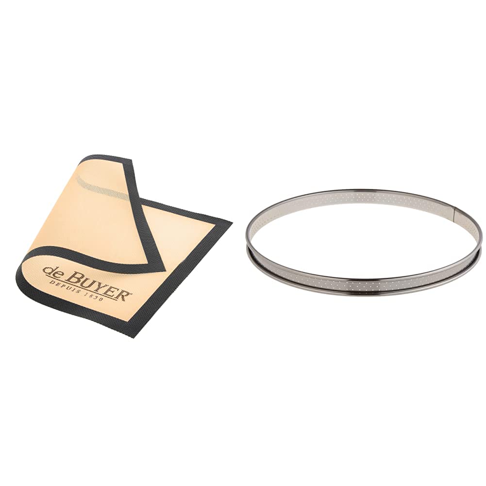Cercle a tarte inox perfore 26 cm De Buyer avec tapis silicone Airmat 40x30