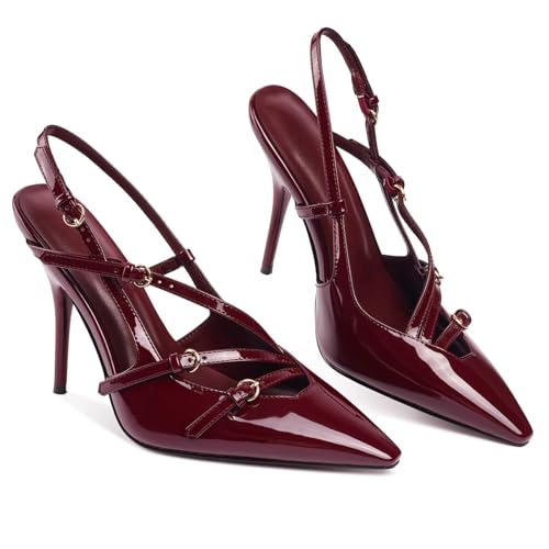 Image of CORNMOOD Slingback Kitten Heels for Women Pointed Closed Toe Pumps Low Stiletto Heels with Buckle Strap Shoes for Wedding Party Office
