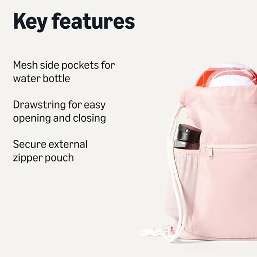 Image of Amazon Basics Drawstring Lightweight Gym Bag Soccer Backpack with Zipper Pouch, Mesh Side Pockets for Water Bottle, Large, Pink