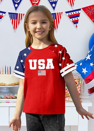 Image of CAZYCHILD Girls 4th of July USA Shirt American Flag Patriotic T-Shirt Independence Day Outfit for Kids 5-14Years