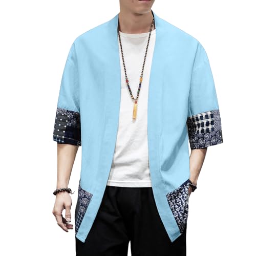 Image of PRIJOUHE Men's Kimono Jackets Cardigan Lightweight Casual Cotton Blends Linen Seven Sleeves Open Front Coat Outwear