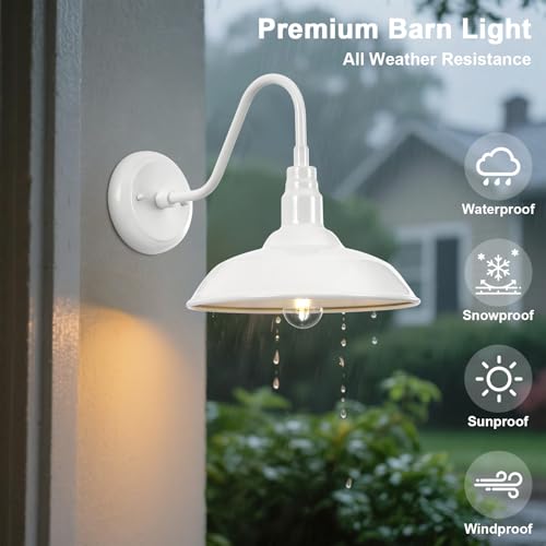 Image of Outdoor Gooseneck Barn Light Fixture with Wall Mount, 10'' Diameter White Exterior Waterproof Wall Lantern for Porch, Farmhouse Wall Sconce, 2 Pack, LM2201-WH-2P
