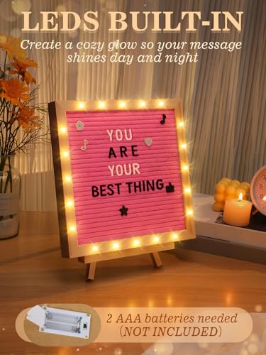 Image of 10 inchx10 inch Felt Letter Board with LED Lights & Stand, First Day of School Sign | Wall /Desk Display, 450-Letter, Message Custom Signs Poster Board, Baby /Pregnancy Announcement /Birthday Decorations, Pink