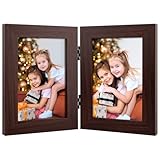 Frametory, 4x6 Double Hinged Picture Frame with Glass Front, Engineered Wood Two Photo Frame Collage for Vertical Display, Side by Side Standing Frame (Walnut, 1 Pack)