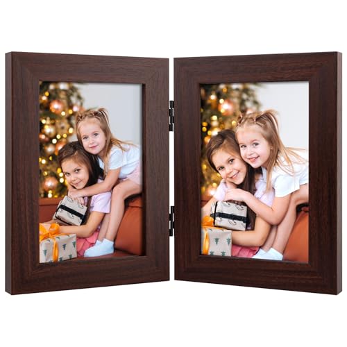 Frametory, 4x6 Double Picture Frame - Real Glass Hinged 2 Photos Collage, Desktop Picture Frame Standing Vertical (Walnut, 1 Pack)