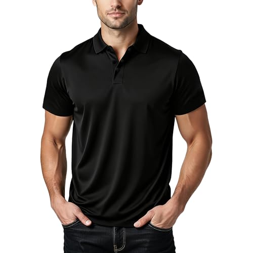 Polo Shirts for Men: Quick Dry Moisture Wicking High Elasticity Convenient Snap Buttons Athleisure Short Sleeve Top Black