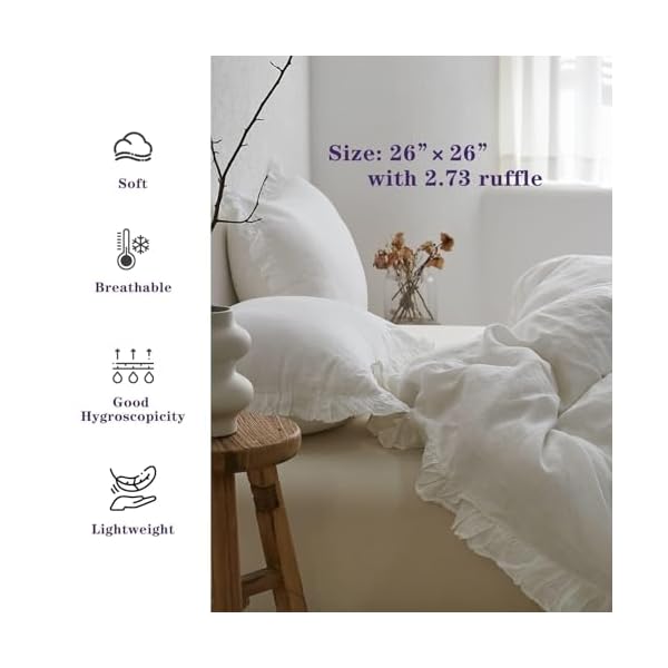 Simpleopulence 100 linen euro sham covers with ruffle 26×26 inch pillow covers set of 2 euro pillow shams for bed couch french home decor luxury and breathable square pillow cases white  urban country home decor