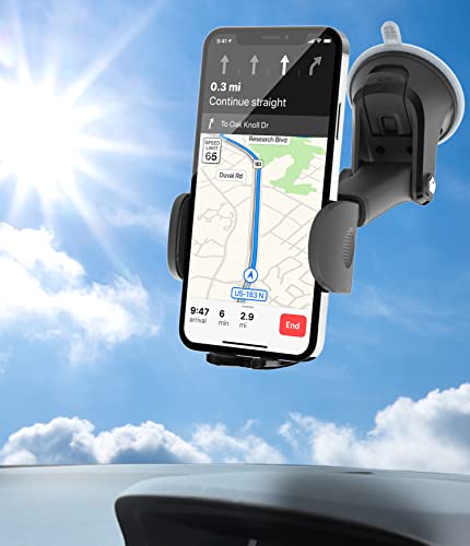 Apps2Car Phone Mount For Car Windshield Dashboard [Quick Retractable Arm] Long Arm Suction Cup Cell Phone Holder Low Profile Compatible With All Smartphones Iphone - Easy Clamp Hands-Free Universal #TOP6