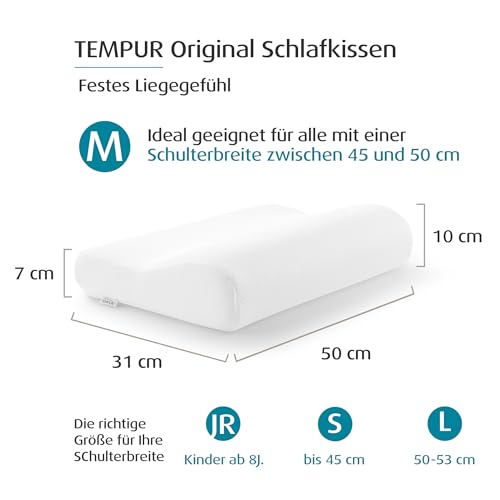 TEMPUR Original Schlafkissen Memory Foam, ergonomisches Nackenstützkissen für Seiten- und Rückenschläfer, Liegefühl fest, M (50 x 31 x 10/7 cm), Weiß