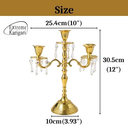 Image of Premium 3-Arm Candle Stand, Luxury Centerpiece with Crystal Hangings, Premium Aluminum Build, Sturdy Tabletop Base, Golden, 12inch