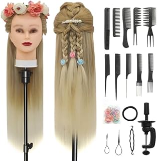 Styling Head 28 inch Hairdresser Training Head 100% Synthetic Fiber Hair Styling Head, Training Head Hairdressing Head with Free Clamp and DIY Braiding Set (27-613)