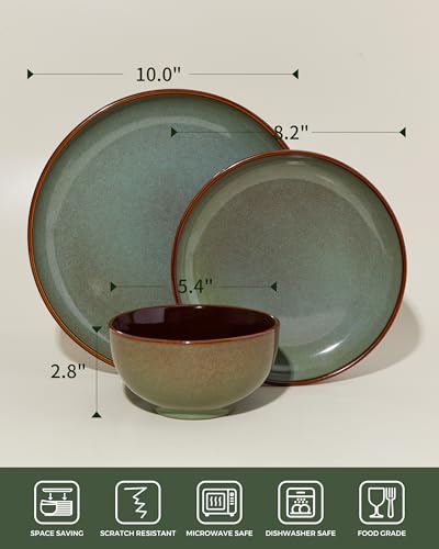 Image of Pokini 36 Piece Stoneware Dinnerware Sets, Ceramic Plates and Bowls Set, Microwave & Dishwasher Safe Kitchen Dish Set, Modern Dinner Salad Plates | Cereal Bowls for 12, Dishware Sets Sage Green