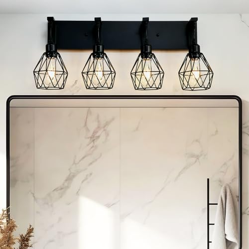 Image of Somniferous 4 Light Bathroom Vanity Light, Farmhouse Bathroom Light Fixtures Over Mirror, Black Vanity Light with Caged Metal Shade, Rustic Wall Light Fixture for Bedroom, Living Room, E26 Socket