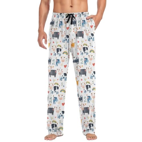 Vdsrup Men's Pajama Pants Cute Cow Watercolor Pajama Pants for Men PJs Bottoms Drawstring Pockets Sleep Lounge Pants S3