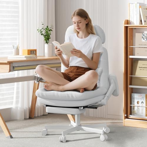 Image of GXJ Criss Cross Legged Office Chair with Flip-up Arms, Footrest, G800 Plus | 6.3 inch Cushion Relieves Tailbone Pain, Head-Lumbar Support Eases Fatigue, Smooth Rolling Wheels, Corduroy Desk Seating, White