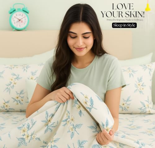 Image of SANMARINO 210TC Cotton King Size Bedsheet with 2 Pillow Covers | Premium Floral Print Design Flatsheet |Ultra Soft Breathable Skin Friendly Bedding Set for All Season Use 90 x 100 Inch,Sky Blue