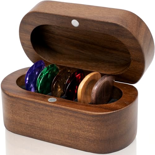 Guitar Pick Holder Set with 2 Color Wood Picks and 8 Celluloid Picks in 3 Thicknesses,...