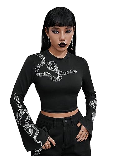 Verdusa Women's Goth Bell Sleeve Crop Top Snake Print Round Neck Tee Shirt