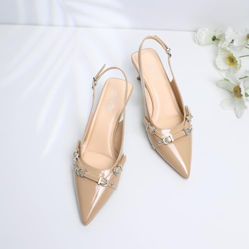 Image of Mostrin Kitten Heels for Women Pointed Toe Pumps Patent Leather Low Heel Slingback Heels with Buckle Dress Shoes for Dating Party Working
