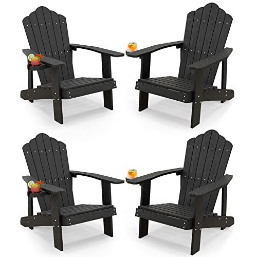 Image of Tangkula Oversized Adirondack Chair, Patio Lounge Chairs w /Adjustable Cup Holder, HIPS Armchairs Slatted Chair, Outdoor Weather Resistant Fire Pit Chair for Deck Backyard Garden Porch (4, Black)