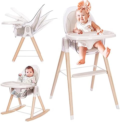 Baby High Chair, 7-in-1 Convertible Wooden High Chair, Rocking Chair Recline Chair with Adjustable Hardwood Leg, High Chairs for Babies and Toddlers, Double Dishwasher Safe Tray & Premium Leatherette