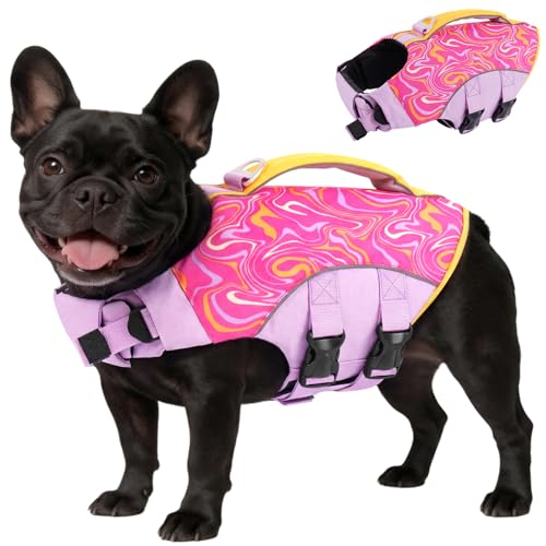 Image of BRKURLEG Dog Life Jacket, High Buoyancy Dog Life Vest for Swimming Boating, Adjustable Reflective Pet Flotation Vest with Rescue Handle, Small Medium Large Dogs Lifesaver for Pool Beach, Purple XS