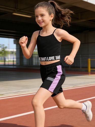 Image of Girls 3 Piece Summer Outfits Letter Print Crop Top Cami and Shorts Set Purple Black 9-10 Years