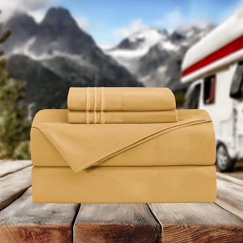 Image of Elegant Comfort Luxurious 1500 Premium Hotel Quality Microfiber Three Line Embroidered Softest 4-Piece Bed Sheet Set, Wrinkle and Fade Resistant, RV Short Queen, Gold