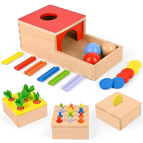 Comius Sharp Holzspielzeug, 4 in 1 Montessori Spielzeug, Motor Skills Spielzeug für Jungen und Mädchen, Thema für Object Permanence Box, Münzbox, Karottenernte, Colour Matching Sticks, Ball Drop