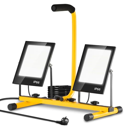 papasbox Projecteur de chantier LED 100W avec interrupteur | Lampe de chantier LED 6500 K blanc froid 10 000 lm | Étanche IP66 Lampe de travail pour atelier, chantier