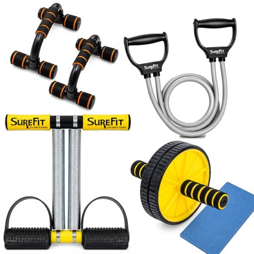 Image of SUREFIT Double Spring Tummy Trimmer, Resistance Toning Tube, Ab Roller & Push-Up Bar 4-in-1 Home Gym Combo Full Body Fitness Kit for Men & Women | Black (Yellow)