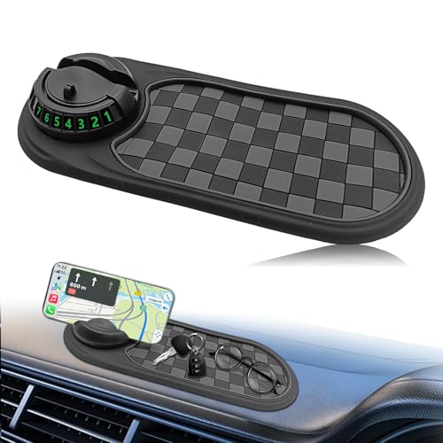 LTDCVTR Universal Multifunction Anti-Slip Car Dashboard Mat Rotatable Car Phone Holder Dashboard Pad with Temporary Parking Number Non-Sticky Mat for Phones Sunglasses Keys Gadgets