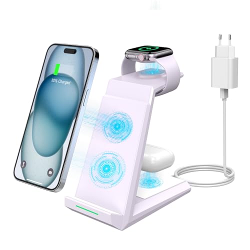 3 in 1 Induktive Ladestation Apple Watch und iPhone, Kabelloses Ladegerät für iPhone 17/16/15/14/13/12/11/Pro Max/Mini,Wireless Charger für Apple Watch 10/9/8/7/6/SE/5/4, AirPods Pro/2/3 Lila