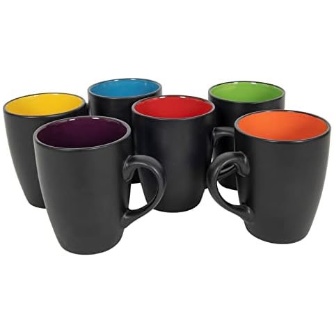 Kaffeebecher 6er Set je 340 ml - schwarz matt/innen farbig - Kaffeebecher mit Henkel - Tee Becher Kaffee Tasse aus Porzellan mehrfarbig bunt Cover