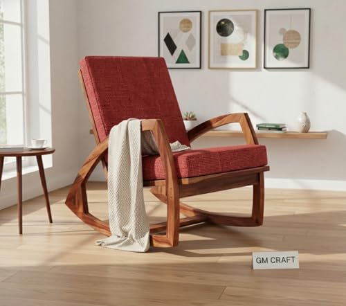 Image of Solid Sheesham Wood Rocking Chair for Living Room - Upholstered Relaxing Chair - Wooden Rocking Chair for Adults for Home Outdoor Indoor (Honey, Elian)