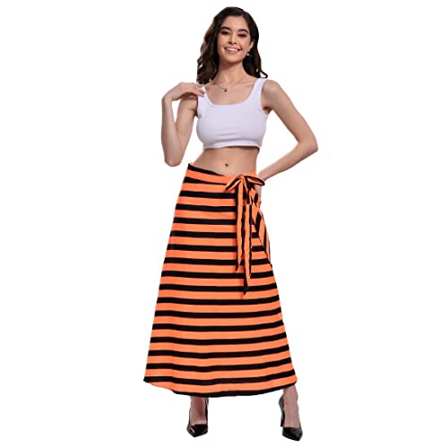Image of Women's Long Wrap Around Maxi Skirt | Women Wear Long Skirt Color -Orange & Black Striped