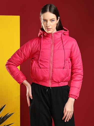 Image of KOTTY Women's Solid Full Sleeve Zipper Hooded Neck PuffercJacket