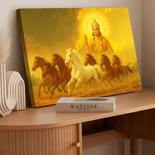 Image of Shurya Dev 7 Running Horses Canvas Wall Art Painting With Frame For Living Room Seven Horse Vastu Feng Shui Framed Painting Positive Energy Wall Art For Home, Office, (16x22 Inch)