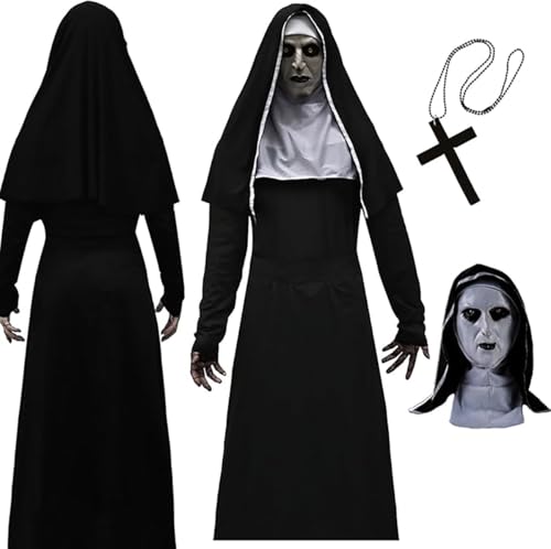 Celvibe Disfraz de monja de terror de Halloween, disfraz de monja con capucha, máscara espeluznante, disfraz de monja fantasma de Halloween, ropa para mujeres y adultos, cosplay (negro 2, XL)