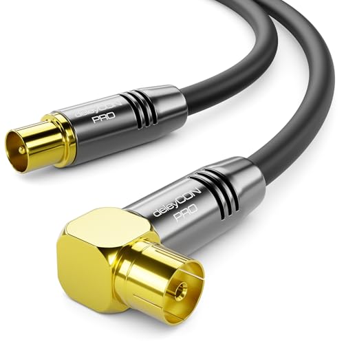 deleyCON 2m 4K TV Antennenkabel - 4K Ultra-HD Full HD HDTV - 1x Gewinkelt - Koaxialkabel - IEC-Stecker (gerade) zu IEC-Buchse (90 Grad) - Metallstecker - Schwarz