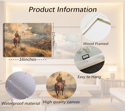 Image of WBNJXNZ Western Cowboy Riding Horse Canvas Wall Art Cowboy Wall Decor Pictures wilderness Landscape Painting Print Vintage Artwork for Living room bedroom country Home decoration 12x16in