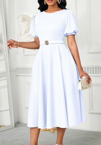 HuiSiFang Women's Elegant Dress High Waisted Ruched Solid Color A Line Puff Sleeve Dresses Pleated Maxi Dress with Belt3