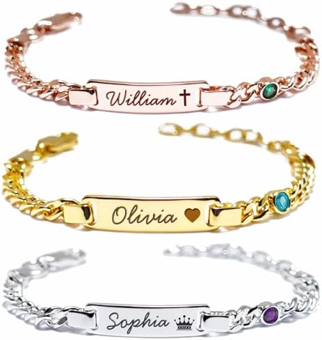 Custom Baby Birthstone Bracelets with Name for Infant Girls, Personalized 18K Gold Plated Bracelet Engraved Name Baby Birthday Gifts for Boys Girls